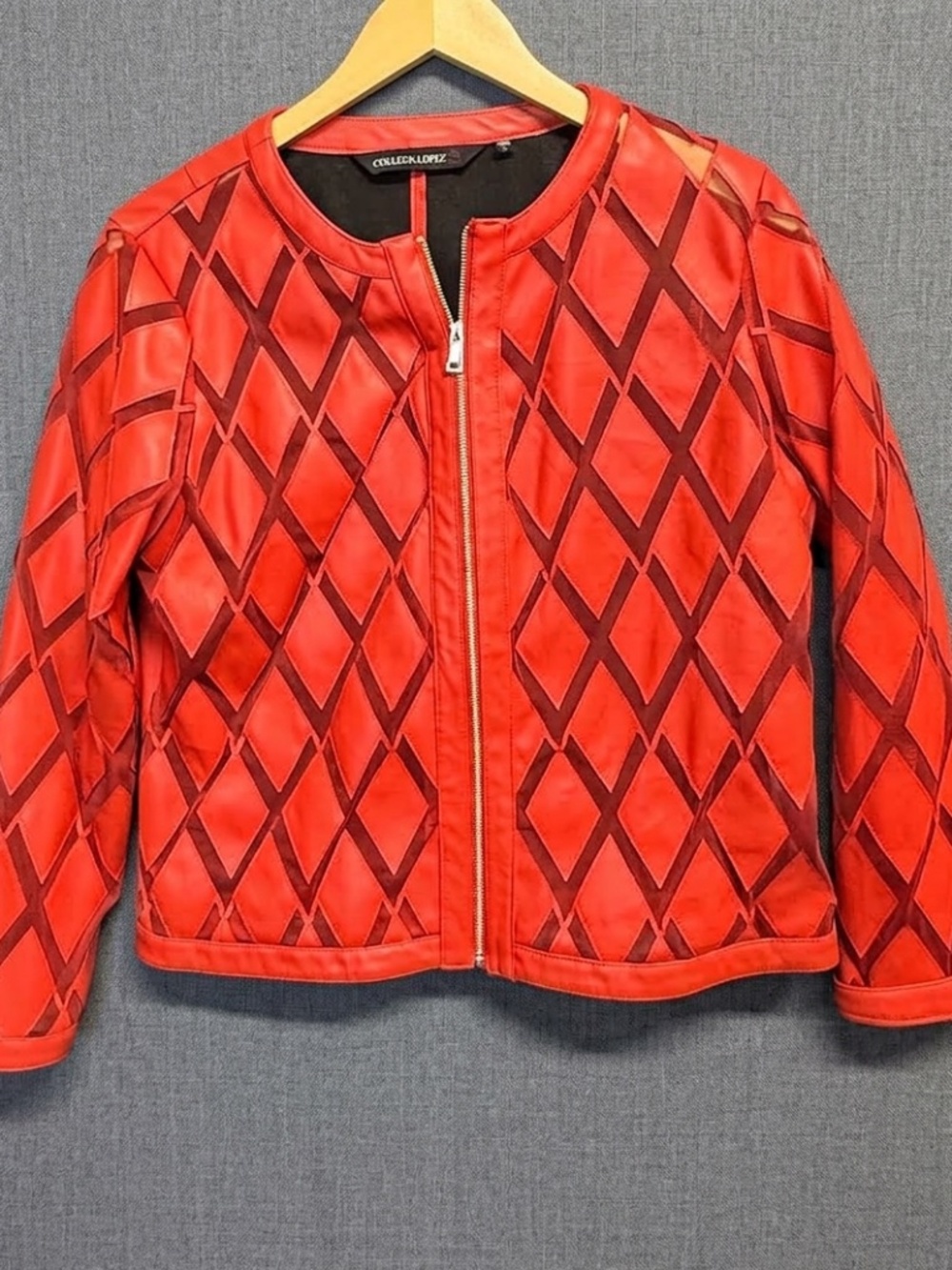 Colleen Lopez Red Faux Leather Geometric Mesh Moto Topper Medium